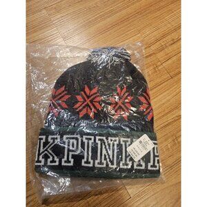 Victoria Secret Pink Beanie Knit Hat Winter Snowflakes Pom Poms Womens One Size
